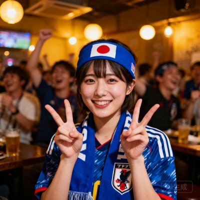 一位年轻的日本女性球迷头像，戴着日本国家队蓝色应援围巾，背景是东京球迷观赛聚会的热闹场景，她双手比出胜利手势